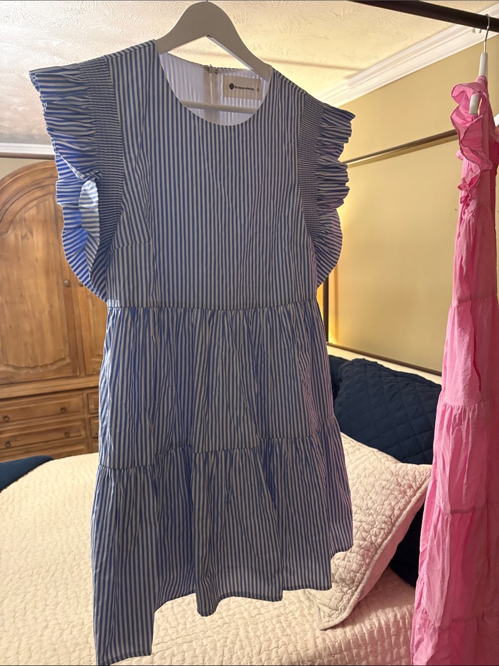 The Impeccable Pig Blue and White Striped Ruffle Sleeve Dress